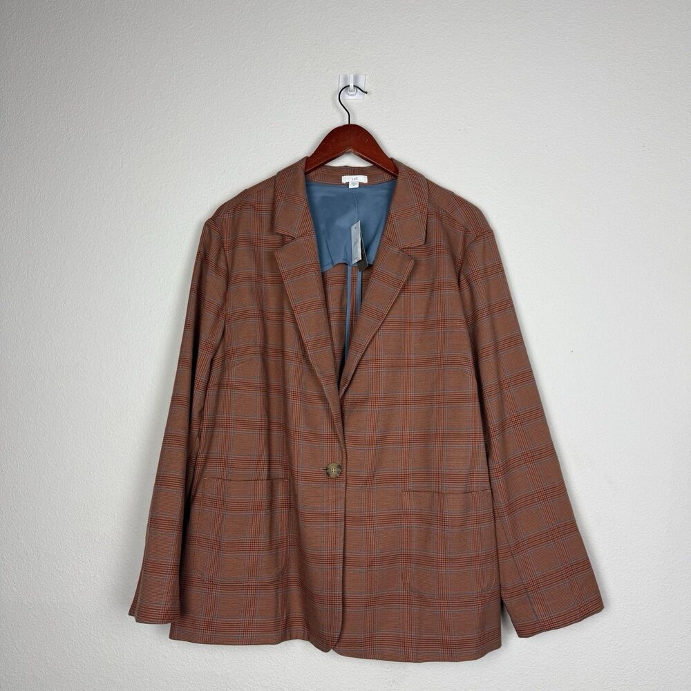 J. Jill Mendocino Plaid Blazer Jacket Womens 2X Auburn Rust Blue Notched Lapel